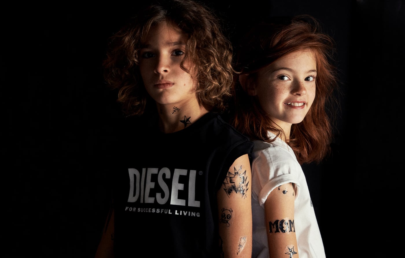 Fake Tattoos, in case we change our mind. Diesel kids SS20. Riccardo Polcaro, fotografo moda bambino.